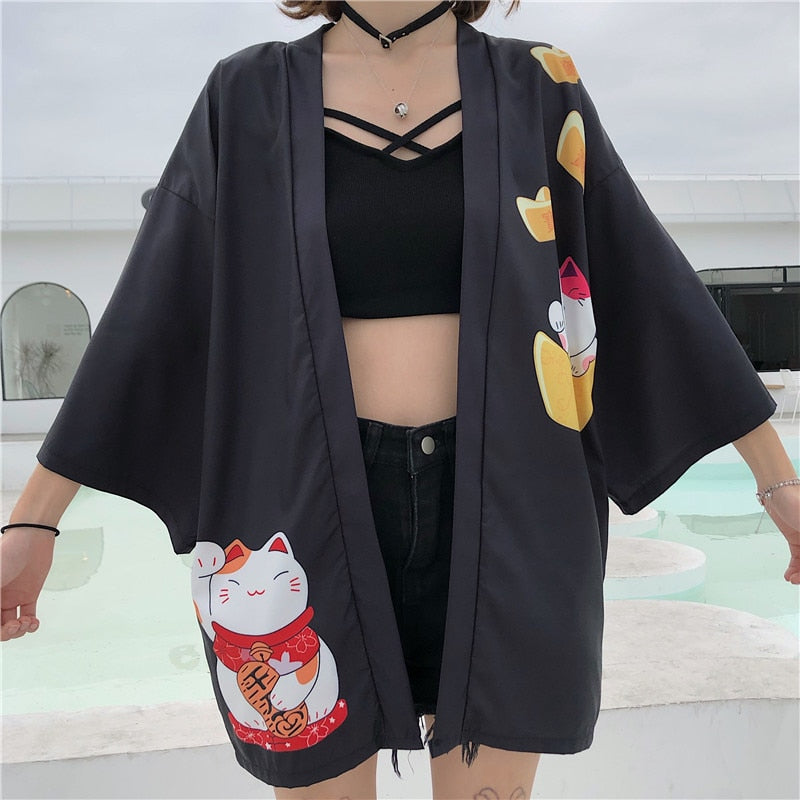 Kimono court japonais femme noir | Neko