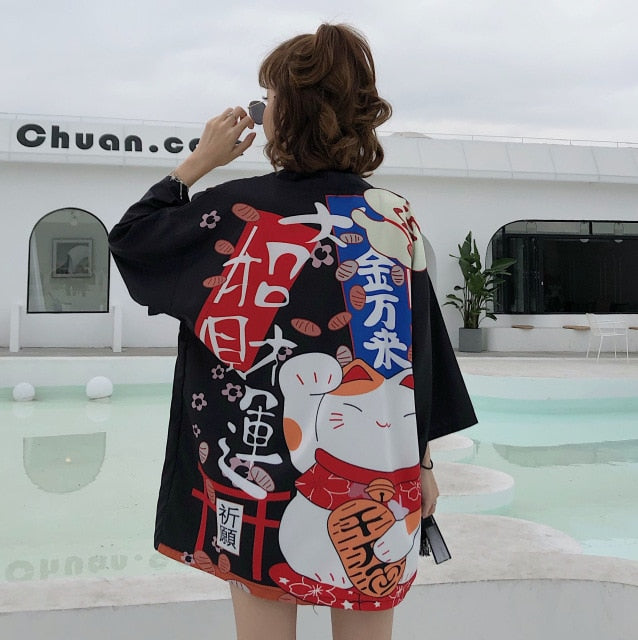 Kimono court japonais femme noir | Neko