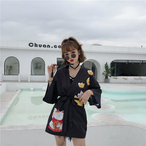 Kimono court japonais femme noir | Neko