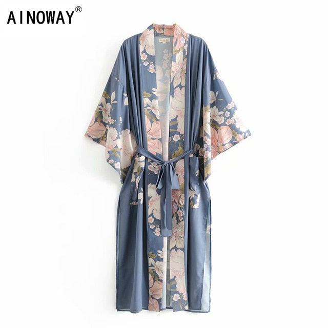 Kimono long femme bleu | Nihon no hana