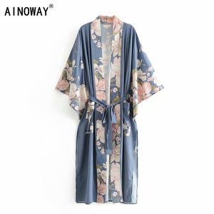 Kimono long femme bleu | Nihon no hana