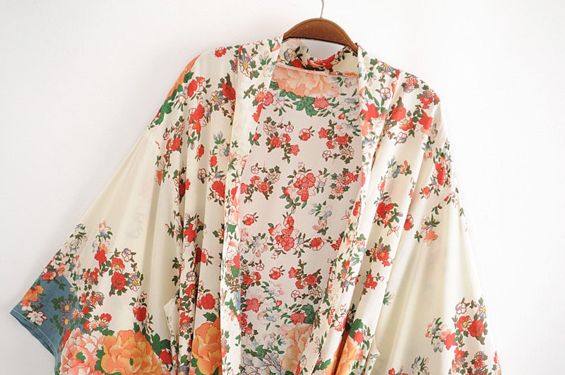 Kimono long femme fleuri blanc | Kanmi