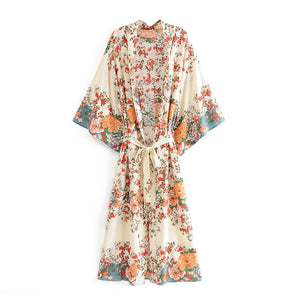 Kimono long femme fleuri blanc | Kanmi