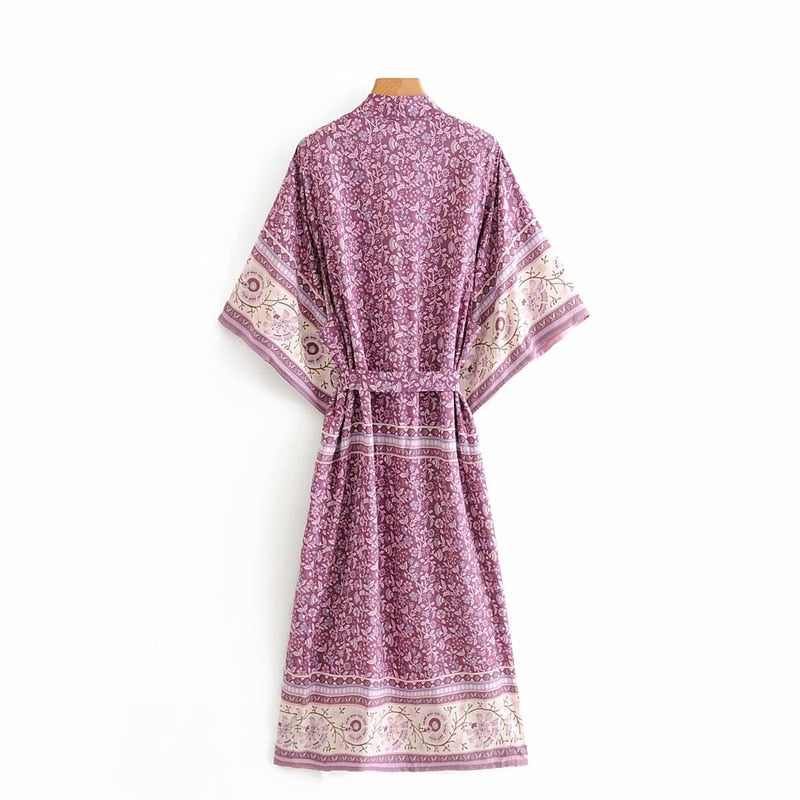 Kimono long femme fleuri violet | Utsukushī chīsana hana