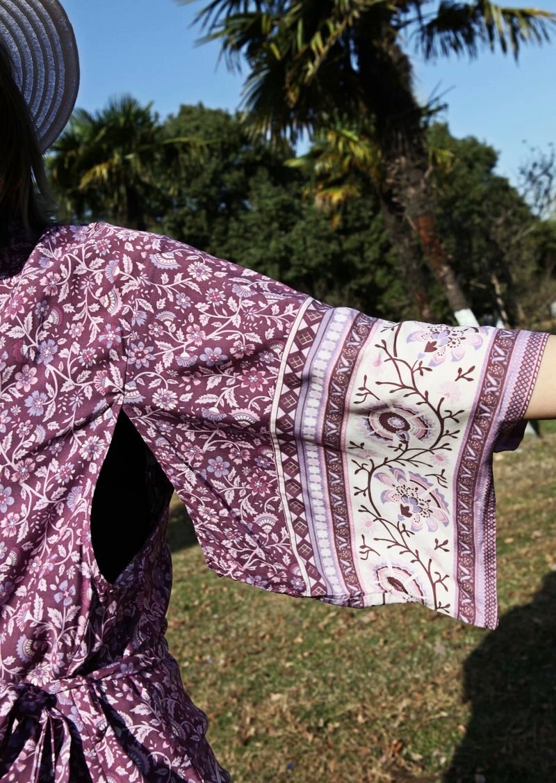 Kimono long femme fleuri violet | Utsukushī chīsana hana