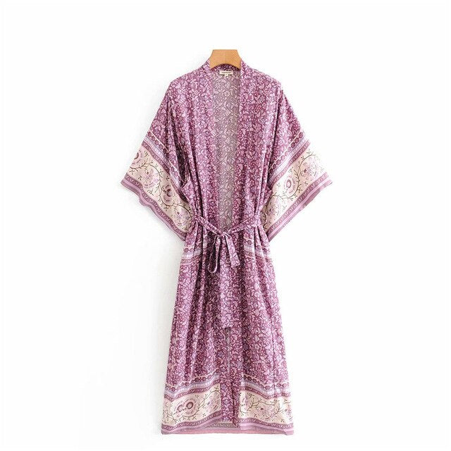 Kimono long femme fleuri violet | Utsukushī chīsana hana