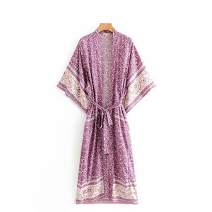 Kimono long femme fleuri violet | Utsukushī chīsana hana