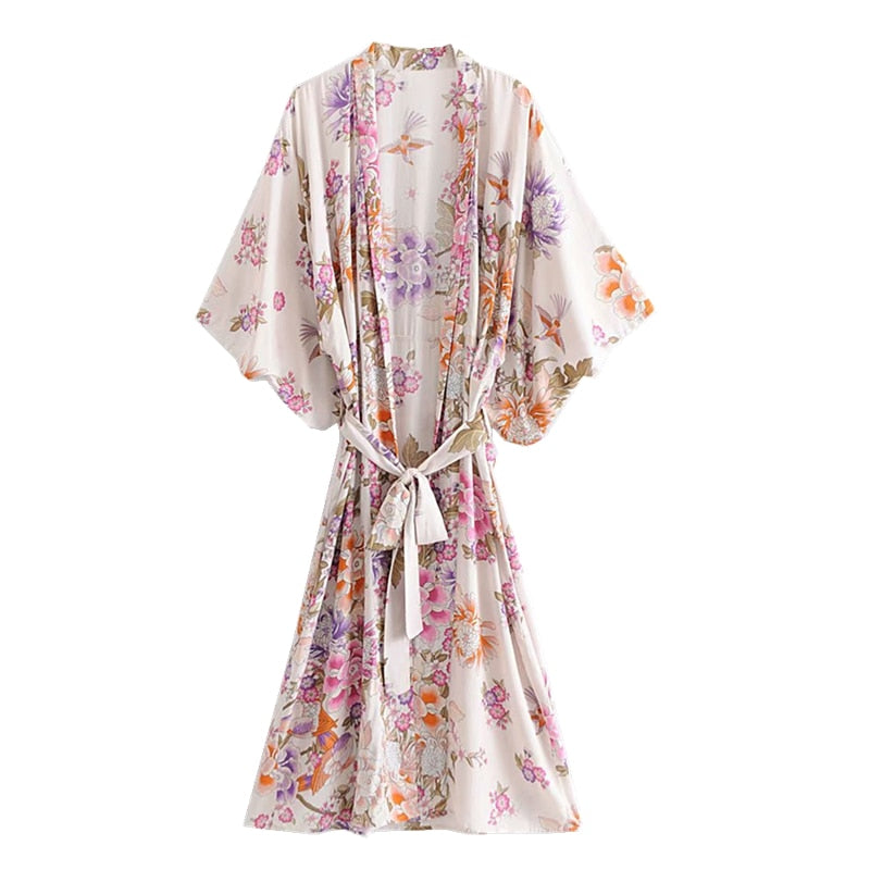 Kimono long femme fleuri blanc | Nettai no hana