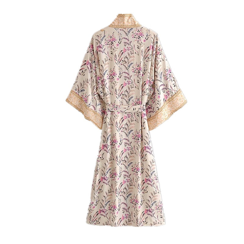 Kimono long femme fleuri beige | Utsukushī suto rando