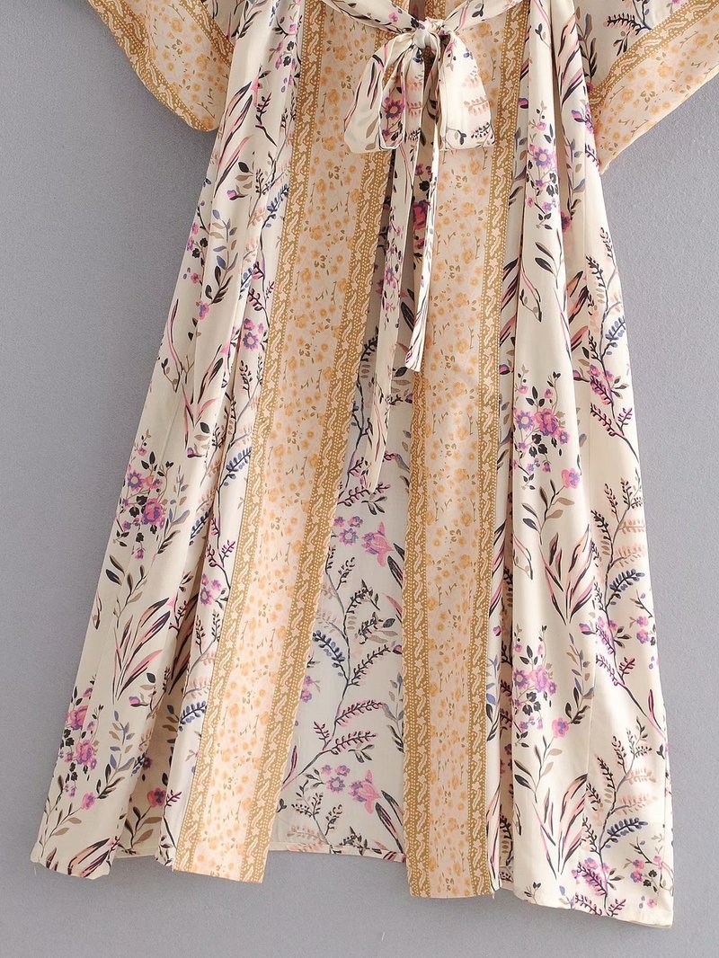 Kimono long femme fleuri beige | Utsukushī suto rando