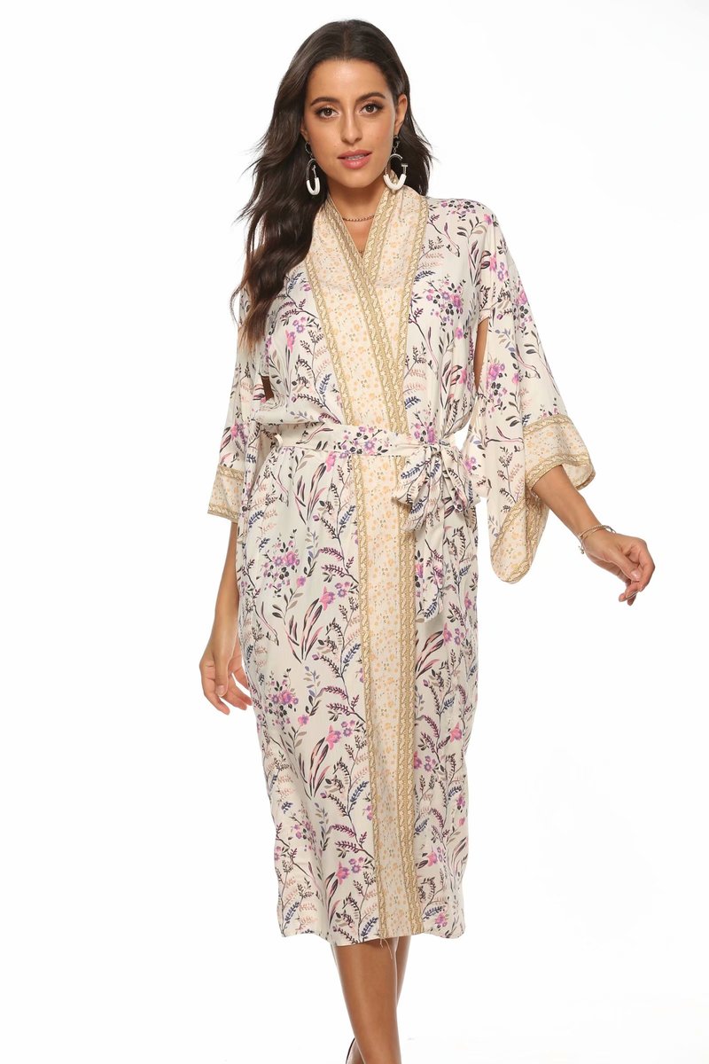 Kimono long femme fleuri beige | Utsukushī suto rando