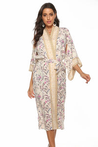 Kimono long femme fleuri beige | Utsukushī suto rando