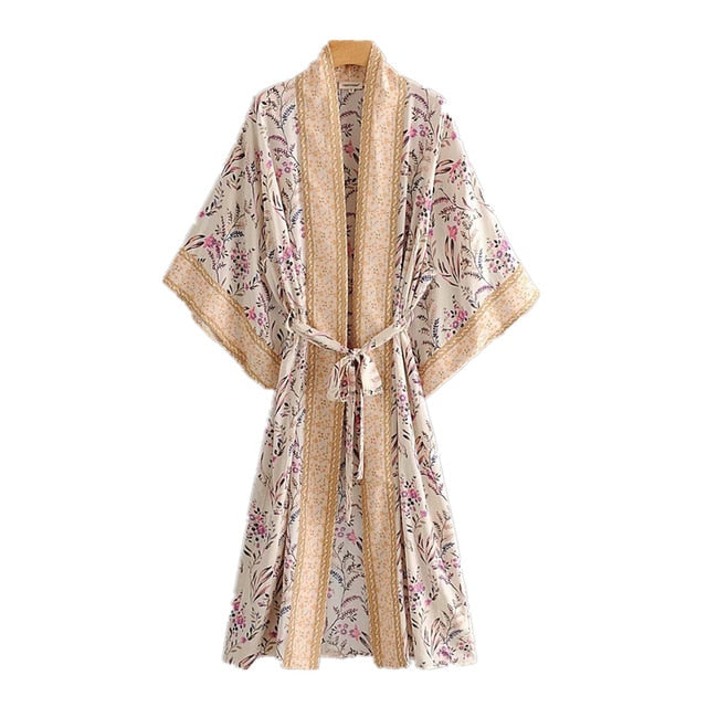 Kimono long femme fleuri beige | Utsukushī suto rando