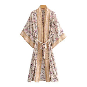 Kimono long femme fleuri beige | Utsukushī suto rando