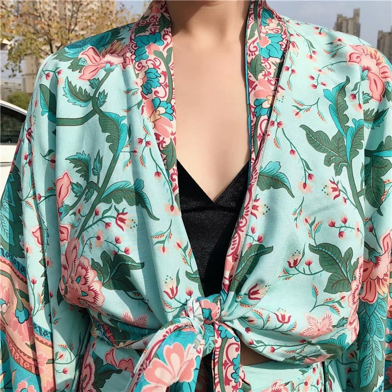 Kimono court femme bohème vert | Kyūkan
