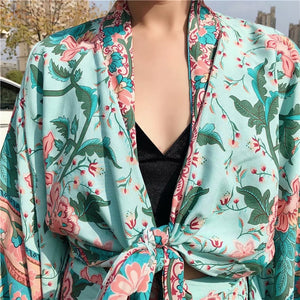 Kimono court femme bohème vert | Kyūkan