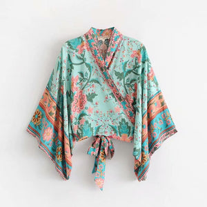 Kimono court femme bohème vert | Kyūkan