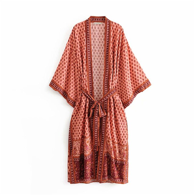 Kimono long femme bohème orange | Hanataba