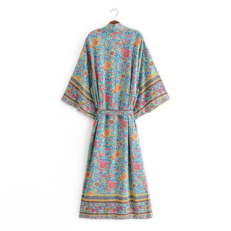 Kimono long femme fleuri bleu | Utsukushī hana