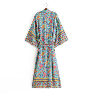 Kimono long femme fleuri bleu | Utsukushī hana