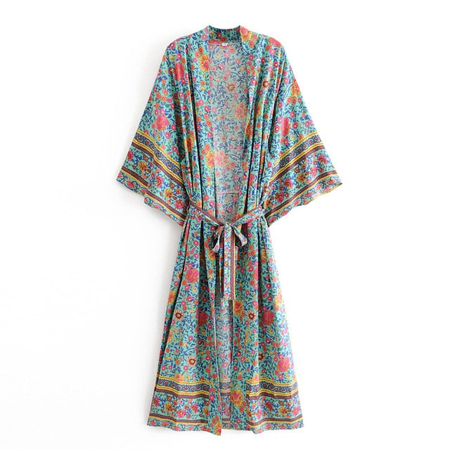 Kimono long femme fleuri bleu | Utsukushī hana