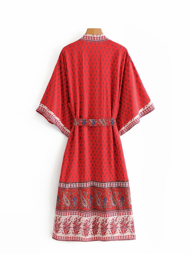 Kimono long femme fleuri rouge | Chīsana patān