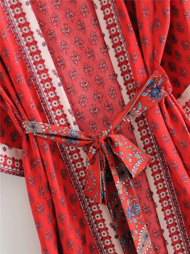 Kimono long femme fleuri rouge | Chīsana patān