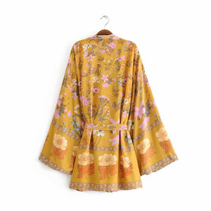 Kimono court femme bohème jaune | Kyūkan