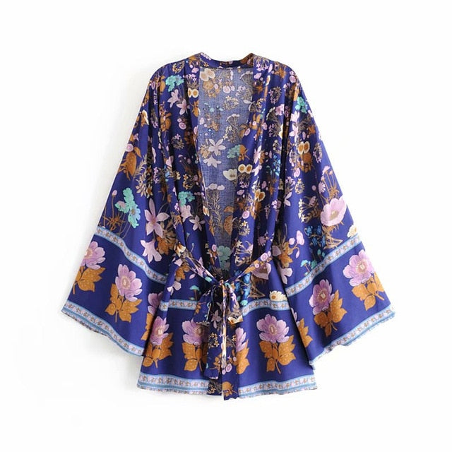 Kimono court femme bohème bleu | Kyūkan