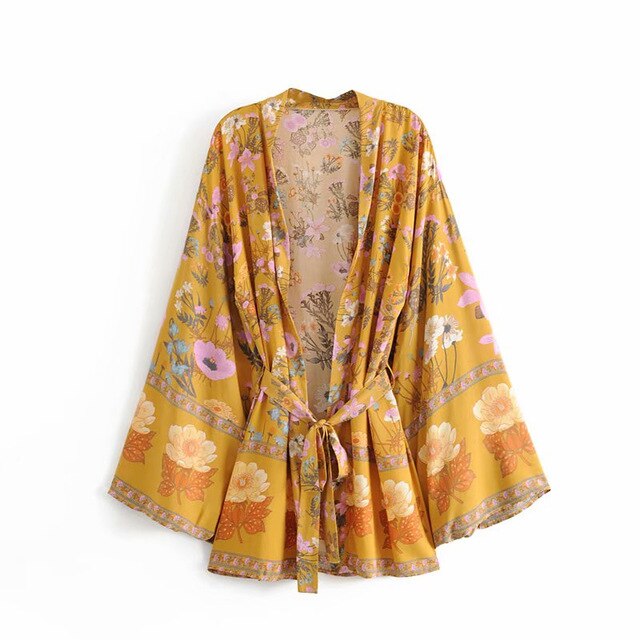 Kimono court femme bohème jaune | Kyūkan
