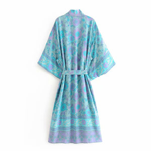Kimono long femme fleuri bleu | Suto rando