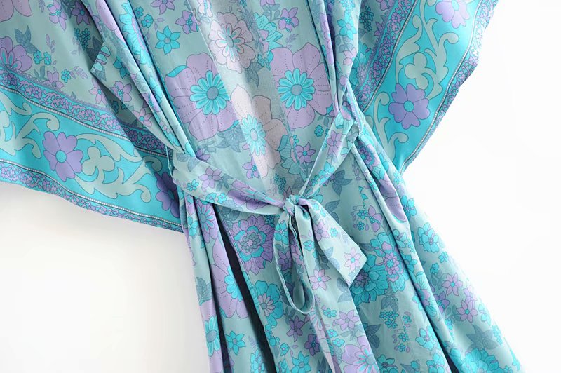 Kimono long femme fleuri bleu | Suto rando