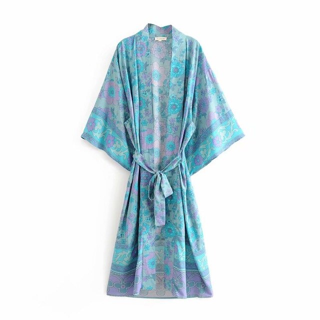 Kimono long femme fleuri bleu | Suto rando