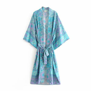 Kimono long femme fleuri bleu | Suto rando