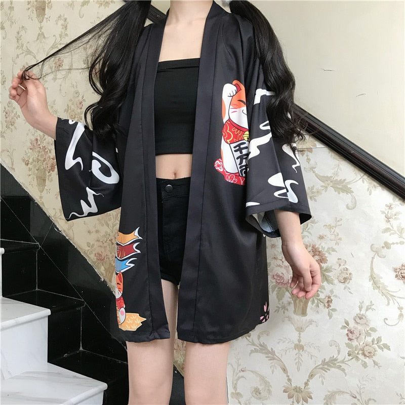 Kimono court japonais femme noir | Totemo kawaī