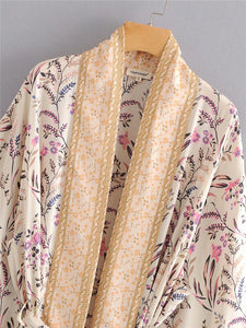 Kimono long femme fleuri beige | Utsukushī suto rando