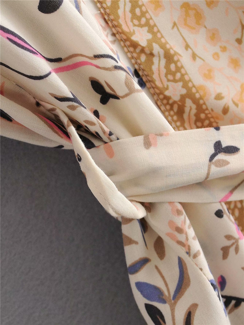 Kimono long femme fleuri beige | Utsukushī suto rando