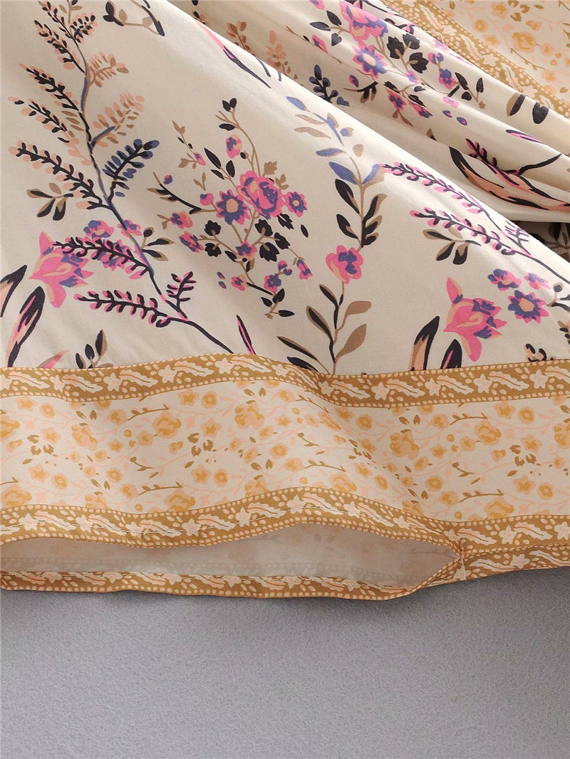 Kimono long femme fleuri beige | Utsukushī suto rando