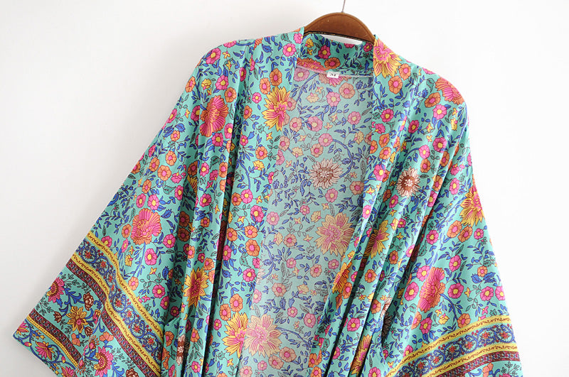 Kimono long femme fleuri bleu | Utsukushī hana