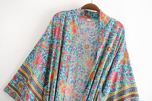 Kimono long femme fleuri bleu | Utsukushī hana