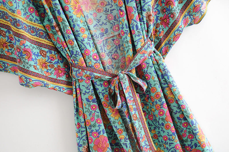 Kimono long femme fleuri bleu | Utsukushī hana