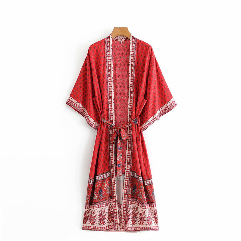 Kimono long femme fleuri rouge | Chīsana patān