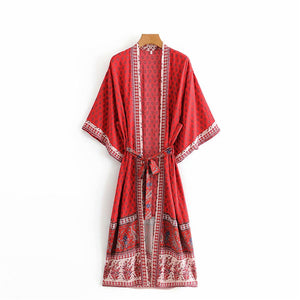 Kimono long femme fleuri rouge | Chīsana patān