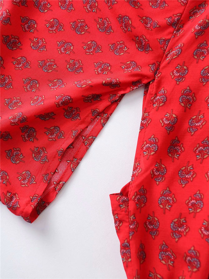 Kimono long femme fleuri rouge | Chīsana patān