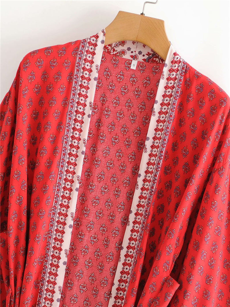 Kimono long femme fleuri rouge | Chīsana patān