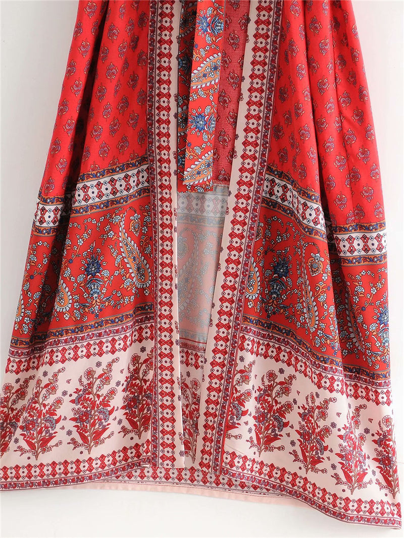 Kimono long femme fleuri rouge | Chīsana patān