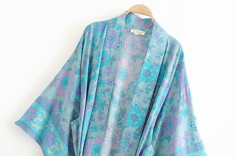 Kimono long femme fleuri bleu | Suto rando
