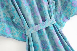 Kimono long femme fleuri bleu | Suto rando