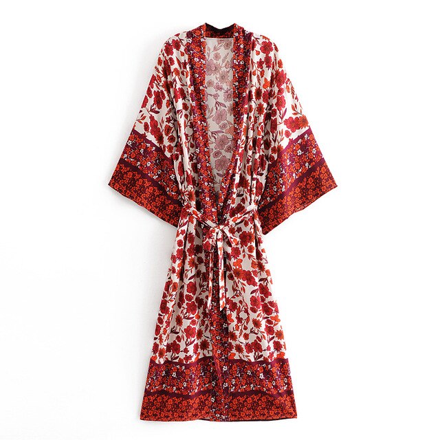 Kimono long femme fleuri rouge | Hana no chikaku