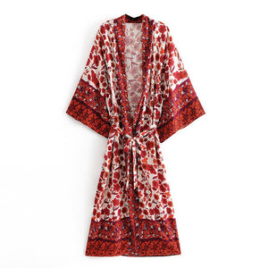 Kimono long femme fleuri rouge | Hana no chikaku